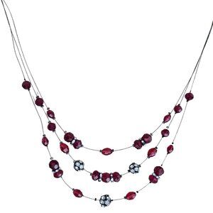 Elegant Red Beaded Rhinestone Balls Statement Necklace Multi Strand Wire Jewelry
